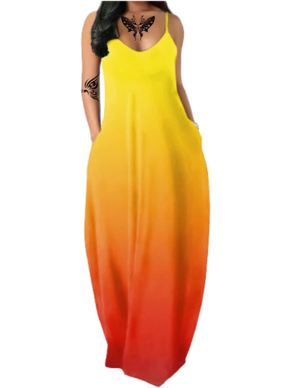 〽️Boho Yellow Gradient Maxi Dress with Pockets Flowy Summer Beachwear